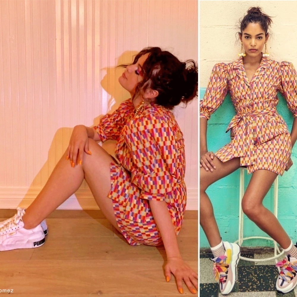 LHD Casitas Dress in Bright Check Colorful Puff sleeve mini dress Selena Gomez 2